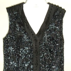 Vtg Beaded Black Vest Sequins Glass Buttons Sz M